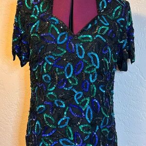 Laurence Kazar Vintage Black Top with Blue and Green Sequins